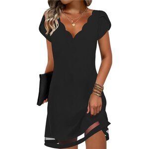 Black Summer Dresses Mesh Hem Petal Short Sleeve Dress Floral Print